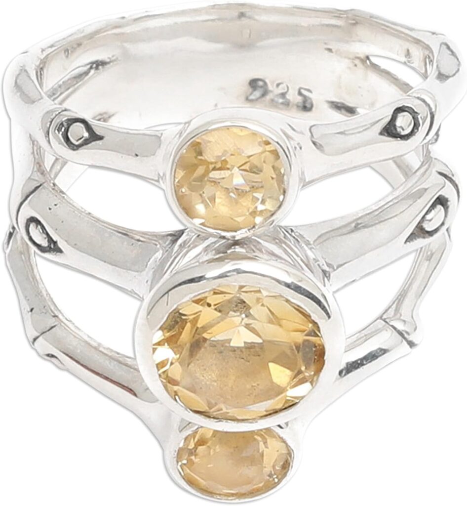 NOVICA Artisan Handmade Citrine Multistone Ring .925 Sterling Silver Indonesia Yellow Cocktail Spicy Mustard Primrose Leaf Tree Birthstone ‘bamboo dew’
