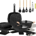 23pcs Ceramic Pots and Pans Set, Nonstick Detachable Handle Cookware, Induction Kitchen Cooking Set with Removable Handle,include Frying Pans & Saucepans Oven Safe (Black)