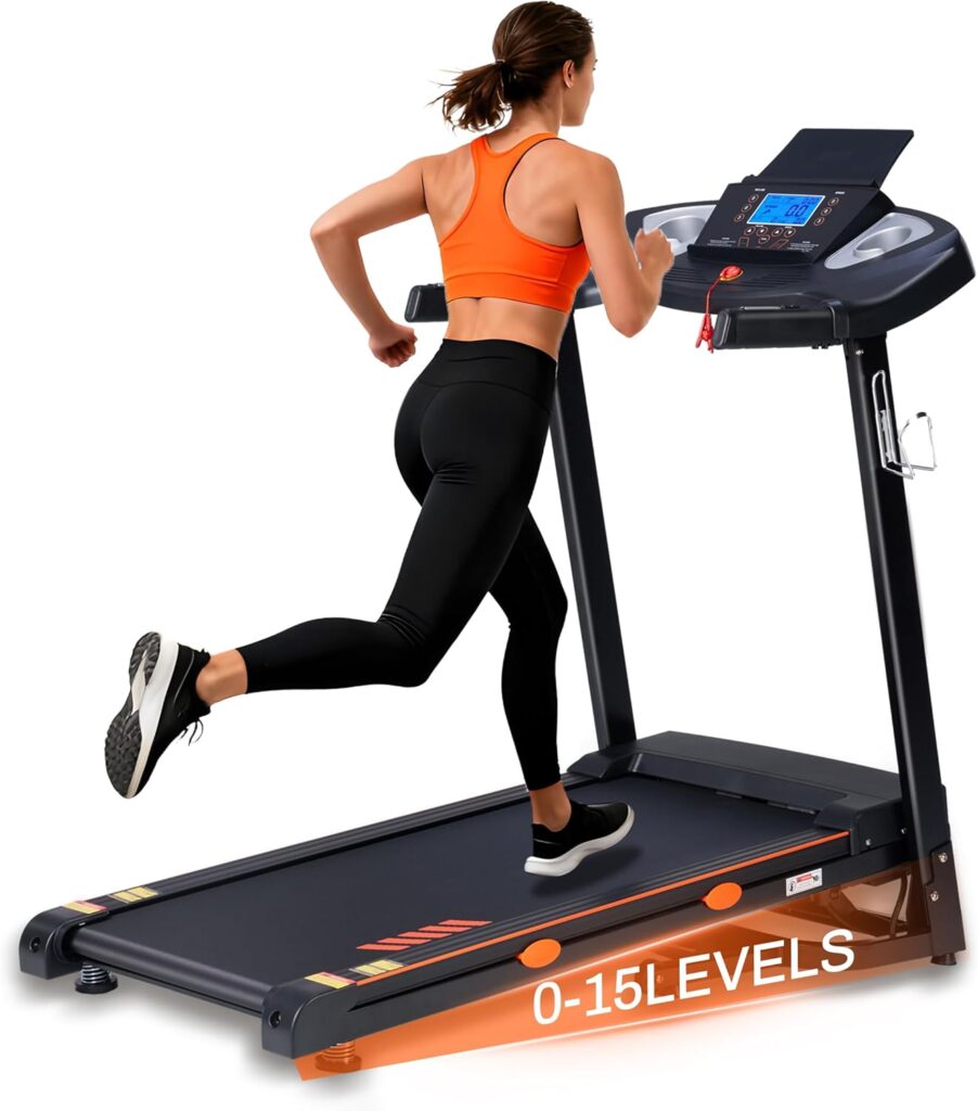 Treadmill with 15-Level Auto Incline, 3.0 HP Treadmills for Home with 18″ Wide Running Belt, 0.5-10 MPH Speed, 300 LB Capacity, Shock Absorption, App Bluetooth