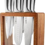 Cuisine::pro Damashiro Knife Block (Hiryu, 10-Piece Set) – Premium Japanese Steel Knife Set with Acacia Wood Block & Tempered Glass Window – Damascus-Inspired Blade
