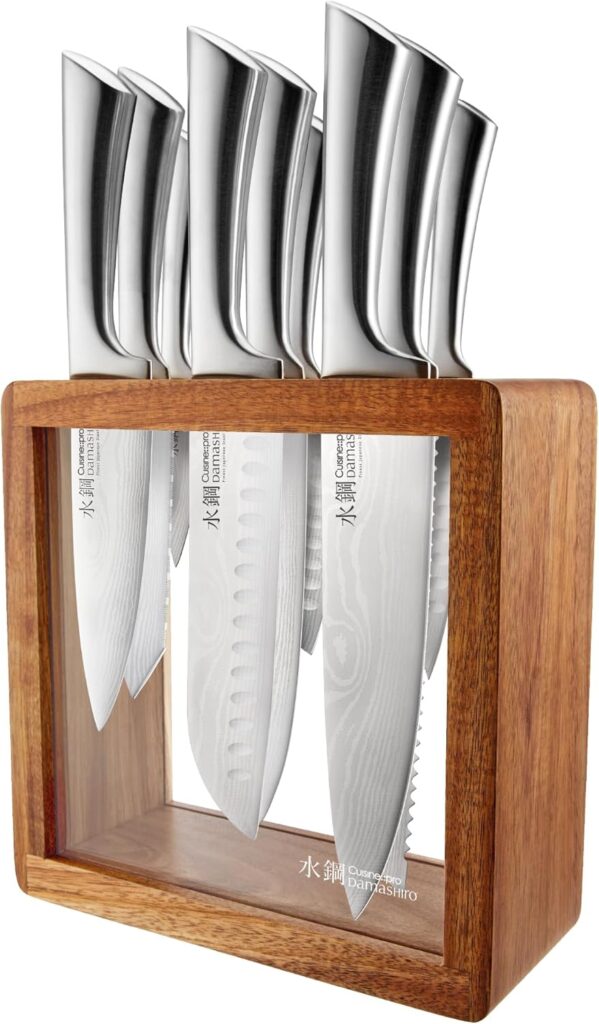 Cuisine::pro Damashiro Knife Block (Hiryu, 10-Piece Set) – Premium Japanese Steel Knife Set with Acacia Wood Block & Tempered Glass Window – Damascus-Inspired Blade