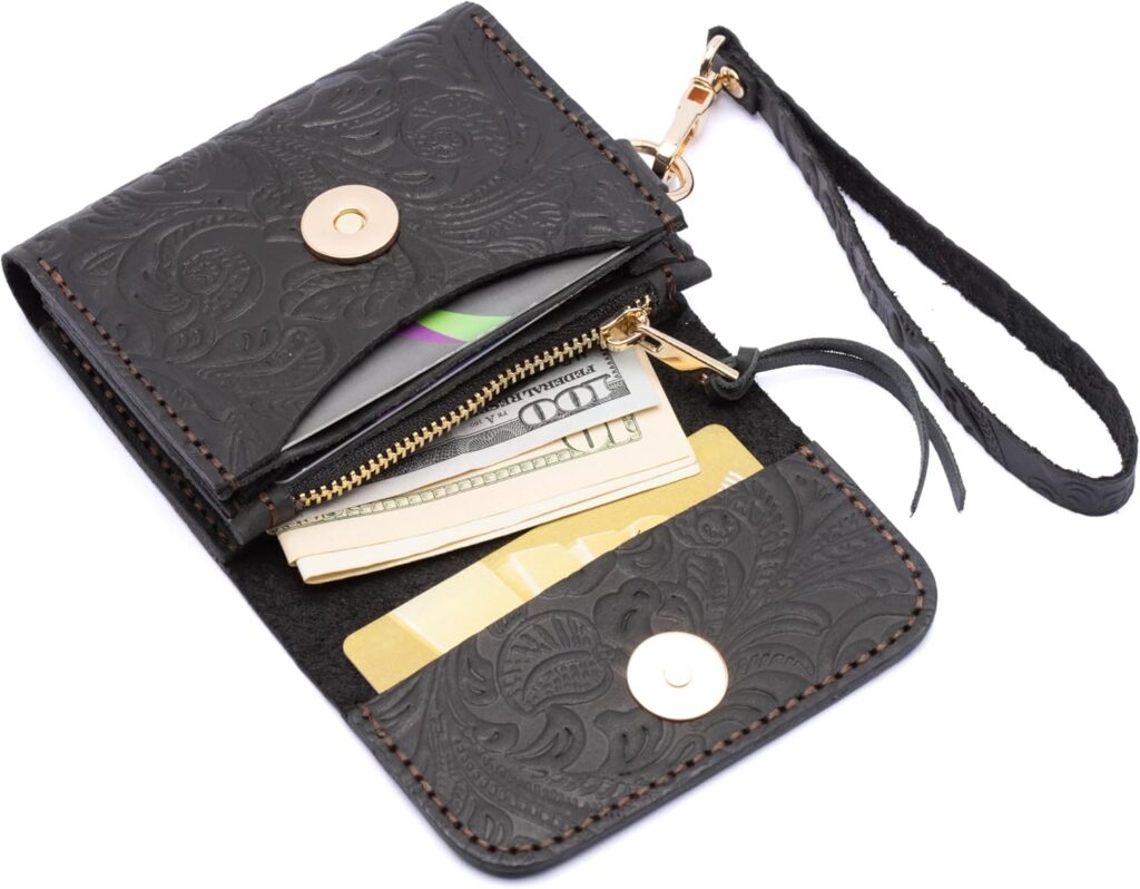 Toros Craft Handmade Wristlet Wallets for Women, Western Leather Small Credit Card Holder with Zipper, Minimalist & Cute Coin Pouch, Genuine Leather, Black
