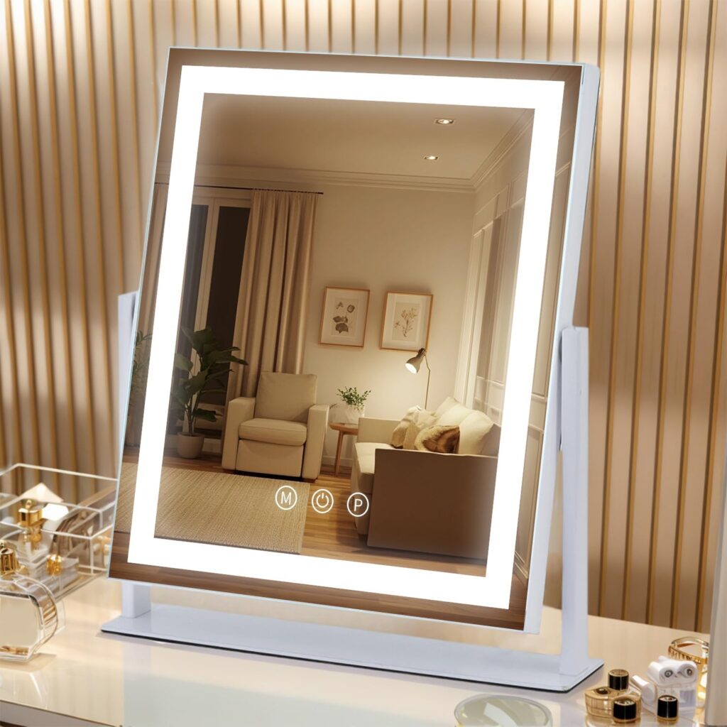 LED Vanity Mirror with Lights, Makeup Mirror with 3 Color Modes, Smart Touch Control, 360° Rotation for Desk,13.2″ L x 11.2″ W