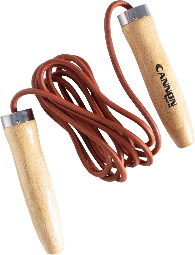 Cannon Sports Leather Jump Rope with Ball Bearing Wooden Handles for Fitness & Home Gym