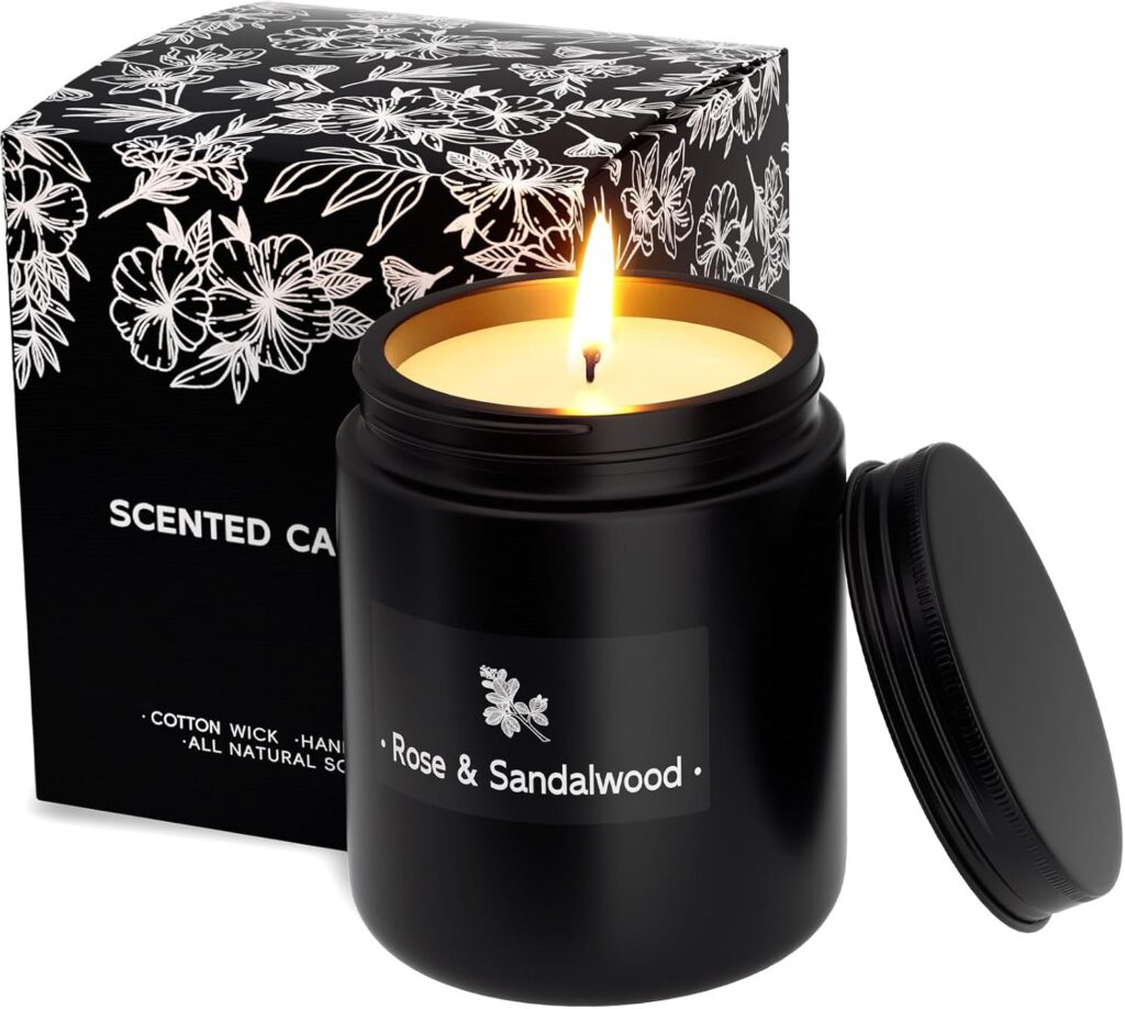TranquilBliss Rose & Sandalwood Black Scented Candles for Men – 7.6oz Soy Wax Candle for Home Scented – Men Candle Gifts, Father’s Day, Christmas Gift for Husband, Boyfriend, Father