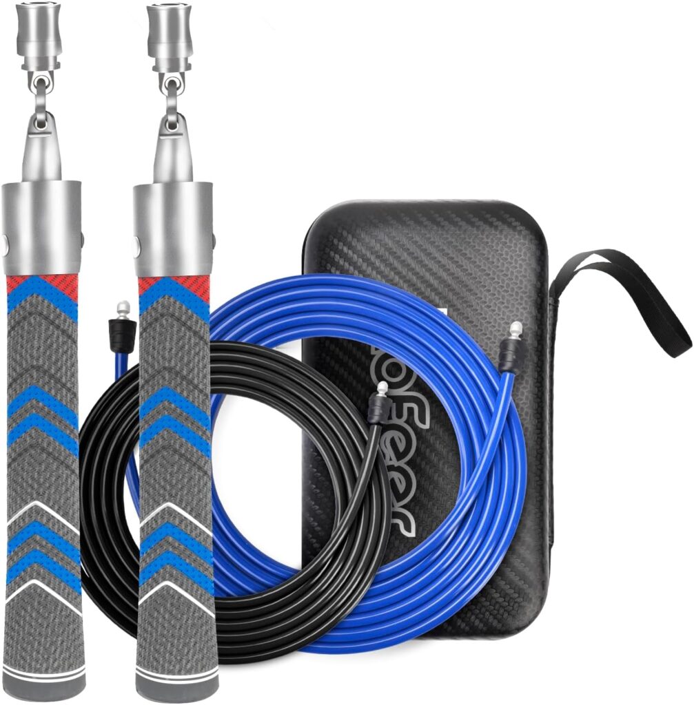 Weighted Jump Rope for Men Women with 110″&102″ Abrasion-resistant Cable, Φ=6mm Crossropes jump rope with Rubber Grip,360 Degree Spin,Tangle Free,Suitable for Fitness Cardio,Boxing & Workout