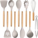 E-far Silicone Cooking Utensils Set, 10-Piece Heat Resistant Kitchen Utensils Set with Wooden Handle for Nonstick Cookware, Kitchen Nonstick Tools Spatula Whisk Tongs Ladle, Non-toxic & Healthy(Khaki)