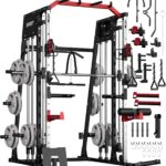 GarveeLife Smith Machine Home Gym All in One, 2200LBS Squat Rack Power Cage with Smith Bar, LAT Pull-Down, Cable Systems, Leg Hold-Down and More Attachments, Workout Equipment (Red Black)