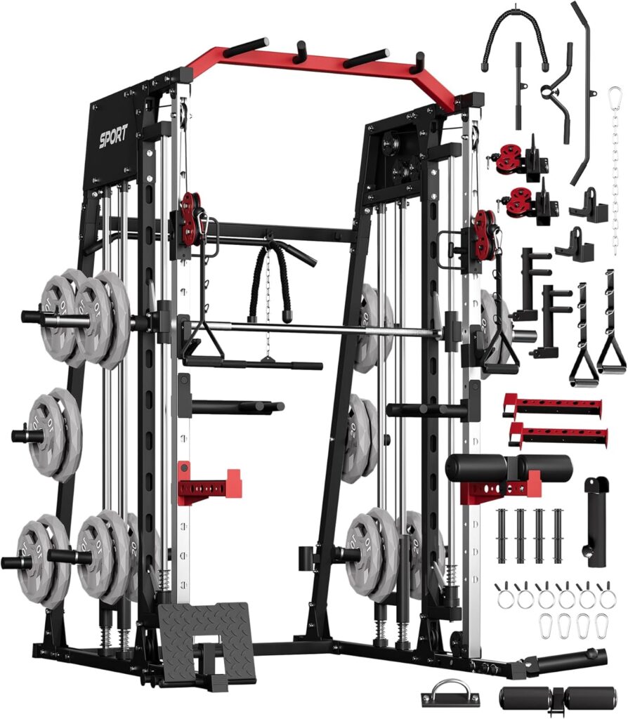 GarveeLife Smith Machine Home Gym All in One, 2200LBS Squat Rack Power Cage with Smith Bar, LAT Pull-Down, Cable Systems, Leg Hold-Down and More Attachments, Workout Equipment (Red Black)