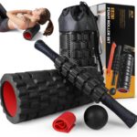 5 in1 Foam Roller Set, Trigger Point Foam Roller, Massage Roller Stick, Massage Ball, Resistance Band for Deep Muscle Massage Pilates Yoga,Fitness Exercise for Whole Body (Black-Red)