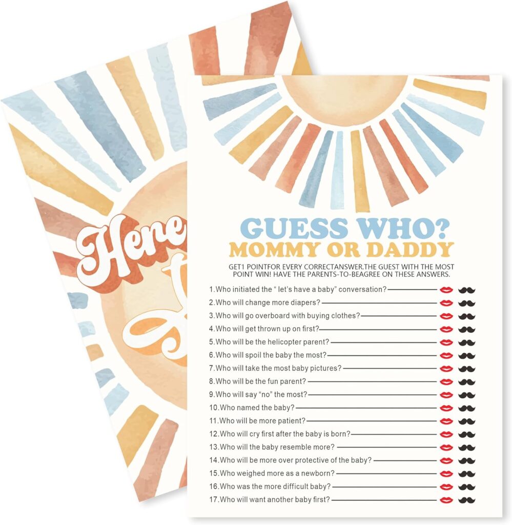 Sunshine Fill in Baby Shower Game Cards – Here Comes The Son – Mommy Or Daddy Game for Boys – Baby Announcement Gender Reveal Party Activities