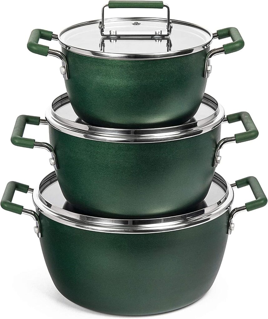 Granitestone Green Pots and Pans Set Nonstick, 6 Stackable Piece Cooking Pots Set, Kitchen Pots, Non Stick Coating, 5qt 3qt & 1.5qt Pots with Lids, Stay Cool Handles Dishwasher Safe 100% Toxin Free
