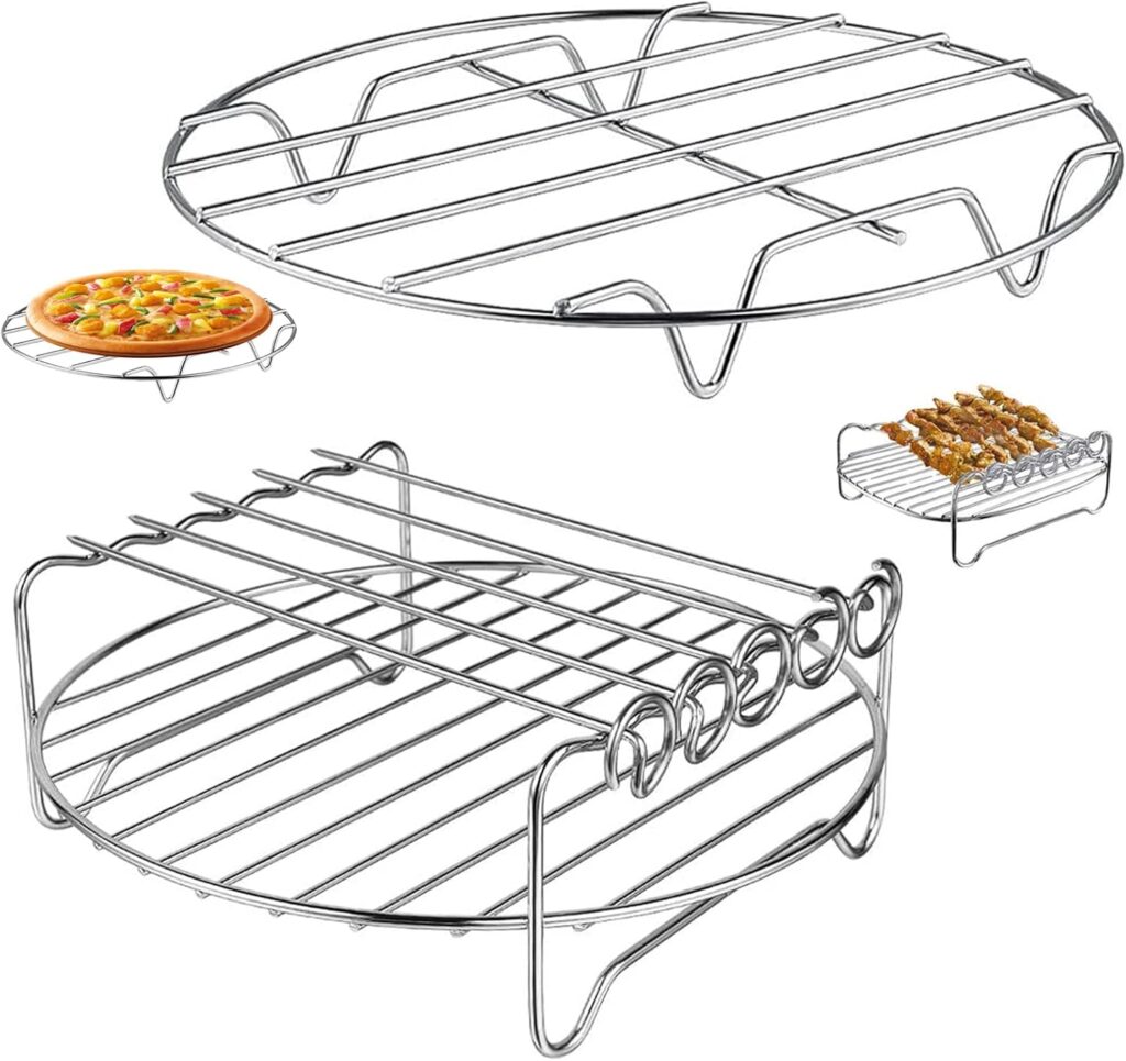 Air Fryer Rack for Air Fryer Oven, Set of 2 Multi-purpose Accessories Metal Double Layer Wire Rack with Skewer for Ninja Power XL Cosori Instant Pot Gourmia Chefman, Dishwasher Safe