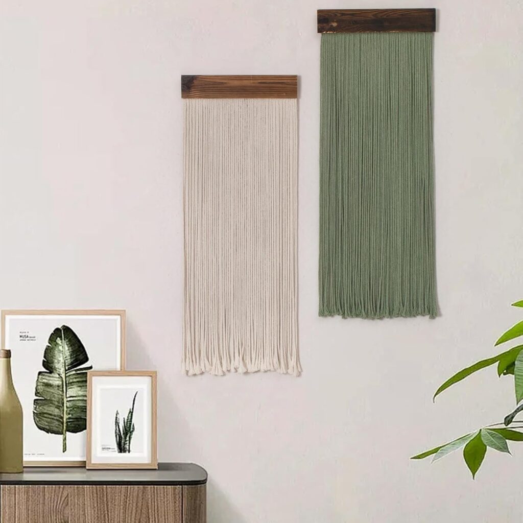 LB Beige Light Green Macrame Wall Hanging Set of 2, Boho Tapestry Wall Hanging Macrame Wall Art Handmade Yarn Woven Wall Art Modern Home Decor Headboard Wall Decor for Bedroom Living Room, 12×31 Inch