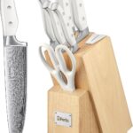 Knife Set, D.Perlla 7 Pieces Kitchen Knife Set with Built-in Sharpener, High Carbon Stainless Steel Knives Set with Unique Waved Pattern, Non-slip Ergonomic Handle, White