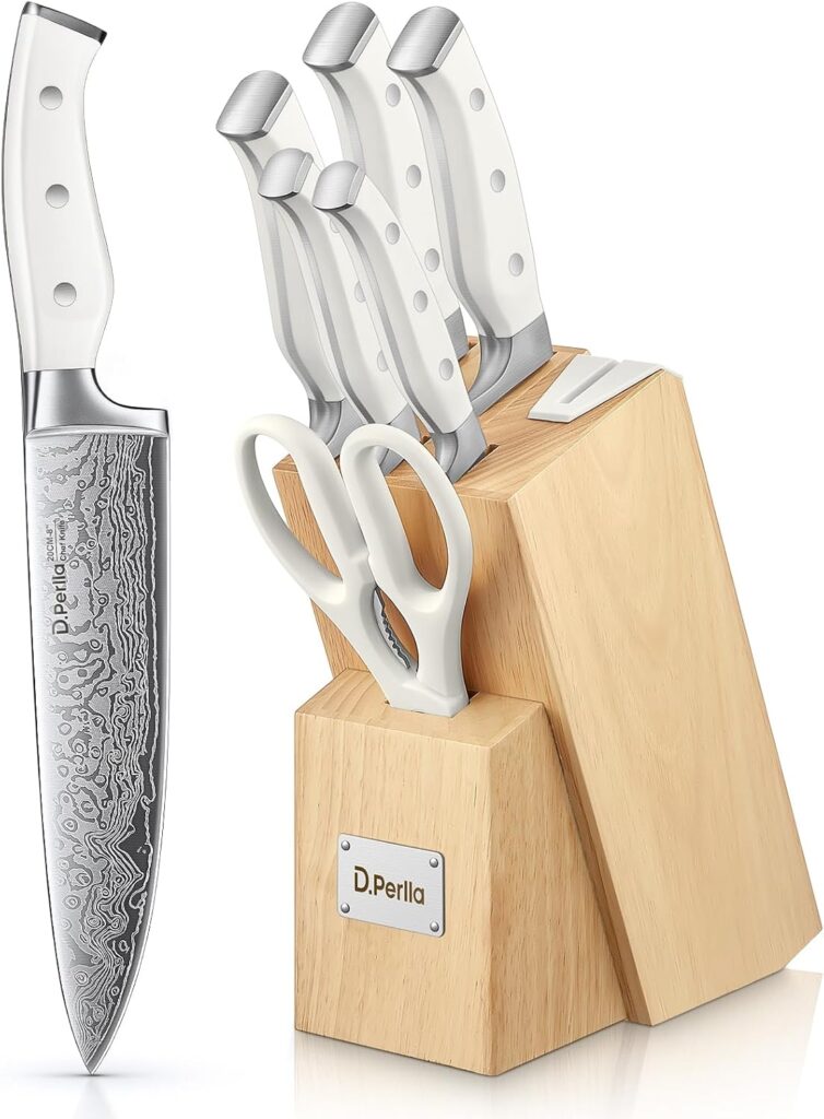 Knife Set, D.Perlla 7 Pieces Kitchen Knife Set with Built-in Sharpener, High Carbon Stainless Steel Knives Set with Unique Waved Pattern, Non-slip Ergonomic Handle, White