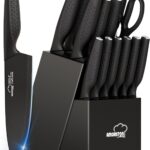 Knife Set, 15 Pieces Kitchen Knife Set with Block Built in Sharpener, Dishwasher Safe, German Stainless Steel Knife Block Set, Elegant Black