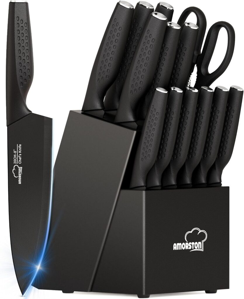 Knife Set, 15 Pieces Kitchen Knife Set with Block Built in Sharpener, Dishwasher Safe, German Stainless Steel Knife Block Set, Elegant Black