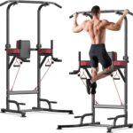 Dskeuzeew Pull Up Bar Free Standing for Garage Multi-Function Home Gym Strength, 450LBS Pull Up Dip Station Assistive Trainer Height Adjustable with Elastic Ropes, Power Tower Training Heavy-Duty Fitness Equipment