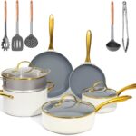 ceramic cookware set,Healthy,Non Toxic,Pots and Pans Set non stick,14-Pcs Kitchen induction cooking Sets, nonstick Pot and Pan Set with silicione Utensils,PFOS/PFOA Free,Cream and Gold