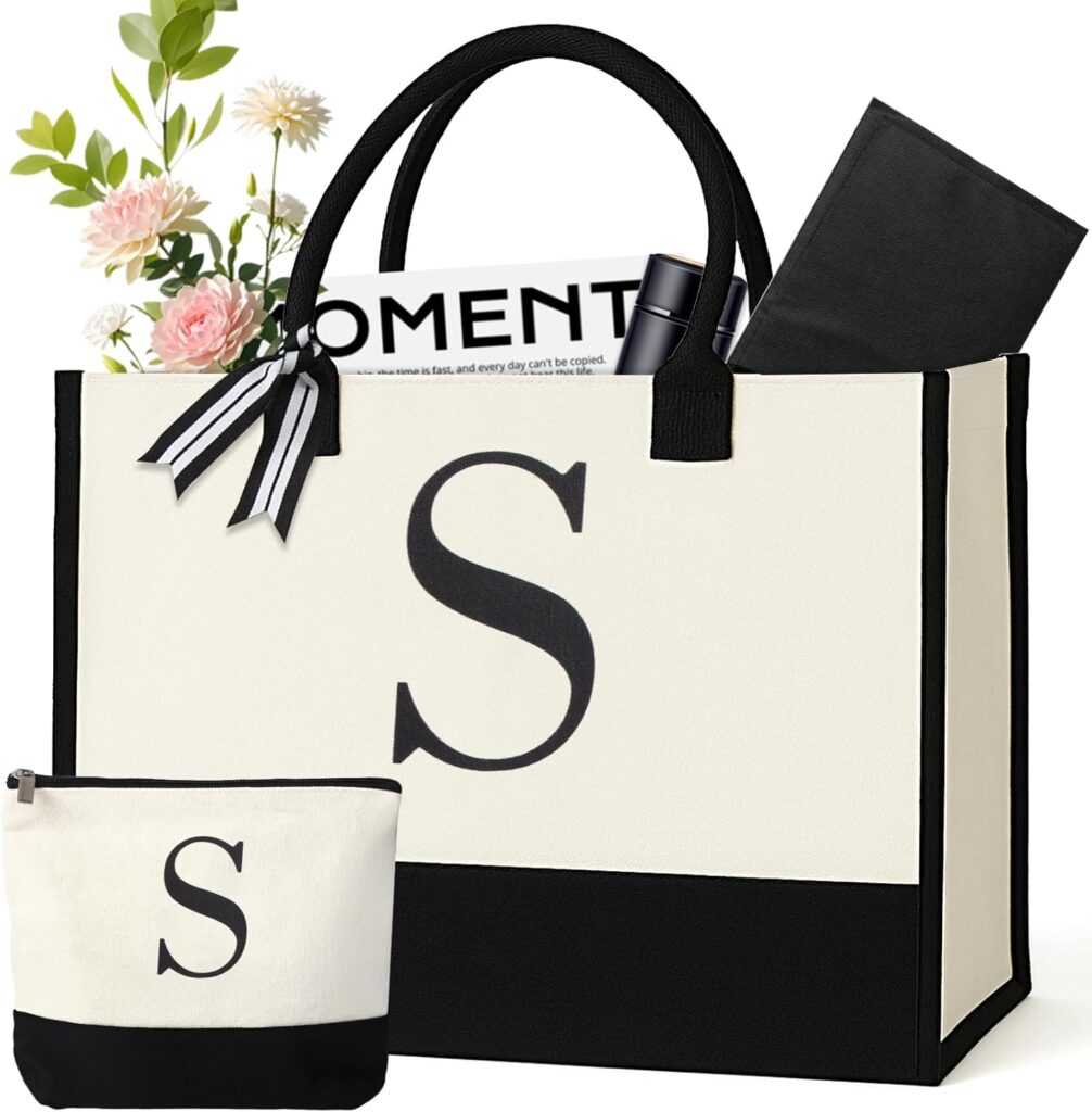 Personalized Canvas Tote Bag for Women – Makeup Pouch, Initial Beach Bag for Travel, Birthday, Teacher, Mom, Brides