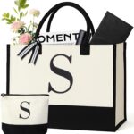 Personalized Canvas Tote Bag for Women – Makeup Pouch, Initial Beach Bag for Travel, Birthday, Teacher, Mom, Brides