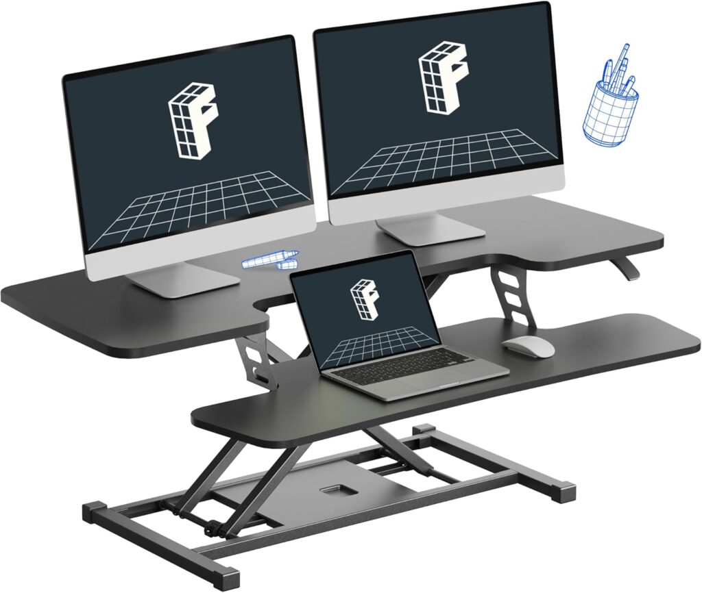FLEXISPOT 40″ Wide Standing Desk Converter Sit to Stand up Riser Height Adjustable Computer Workstation with Spacious 2-Tier Desktop, Black