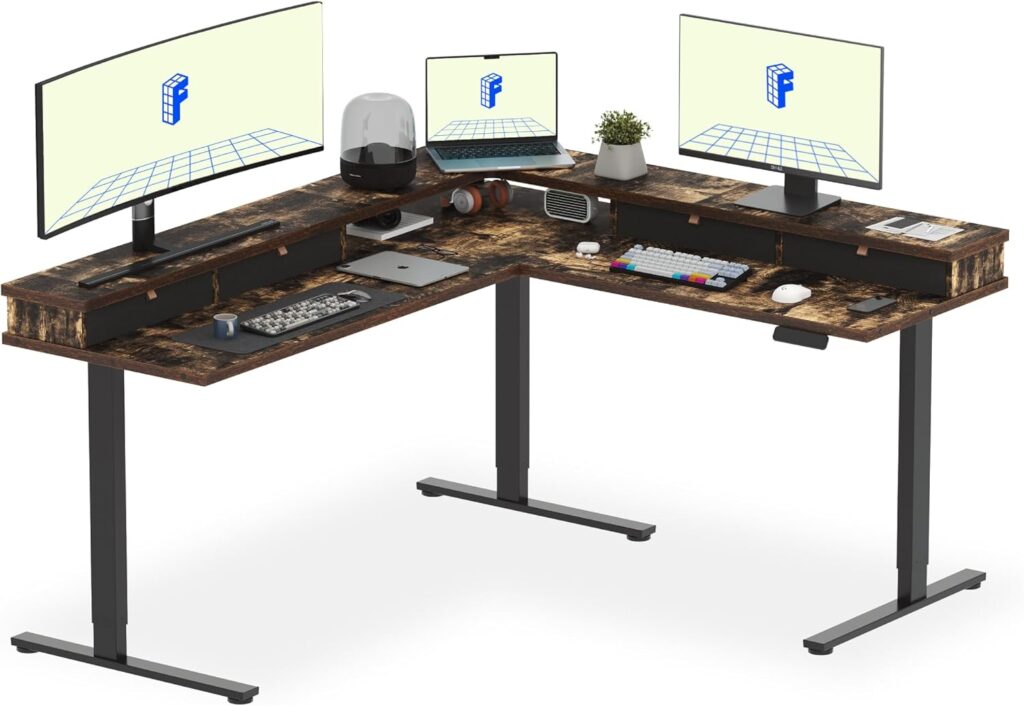 FLEXISPOT 71” L Shaped Standing Desk Electric Corner Table with Shelf, 4 Storage Drawers, Adjustable Computer Workstation for Home, Office, Game, Studio, Rustic Brown Top + Black Frame