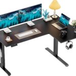 HUANUO 63″ x 40″ L-Shaped Electric Standing Desk Dual Motor, Corner Electric Height Adjustable Computer Desk with Cable Tray & 3 Preset Heights, Raising Desk for Home Office, Black,