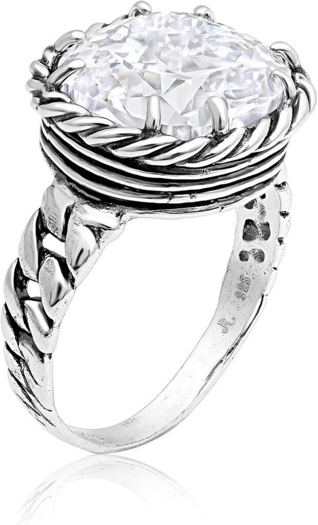 JEAN RACHEL JEWELRY 925 Sterling Silver Ring – Braid Chain with Square Cushion Cut Cubic Zirconia Vintage Design – Hypoallergenic, Lead & Nickel Free – Artisan Handcrafted Statement Rings for Women