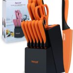 hecef 13 Pieces Kitchen Knife Set with Built-in Sharpening Wooden Block, Dishwasher Safe, High Carbon Stainless Steel Knife Block Set with Steak Knives, Kitchen Scissors, Orange