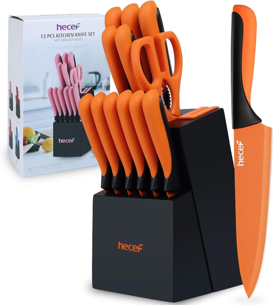 hecef 13 Pieces Kitchen Knife Set with Built-in Sharpening Wooden Block, Dishwasher Safe, High Carbon Stainless Steel Knife Block Set with Steak Knives, Kitchen Scissors, Orange