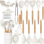 Umite Chef Kitchen Cooking Utensils Set, 33 pcs Non-stick Silicone Cooking Kitchen Utensils Spatula Set with Holder, Wooden Handle Silicone Kitchen Gadgets Utensil Set (Cream White)