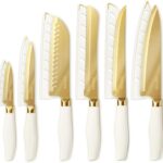 CAROTE 12PCS Kitchen Knife Set, Healthy Gold Titanium Coating Knife Set, Dishwasher Safe with 6 Blade Guards, Rustproof Stainless Steel Cutlery Set, White and Gold