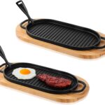 2 Pcs Cast Iron Fajita Skillet Pan Set Sizzling Steak Plate with Wooden Base and Removable Handle Cast Iron Grill Frying Pan for Home Restaurant Kitchen Cooking (12 x 6.3 Inch)