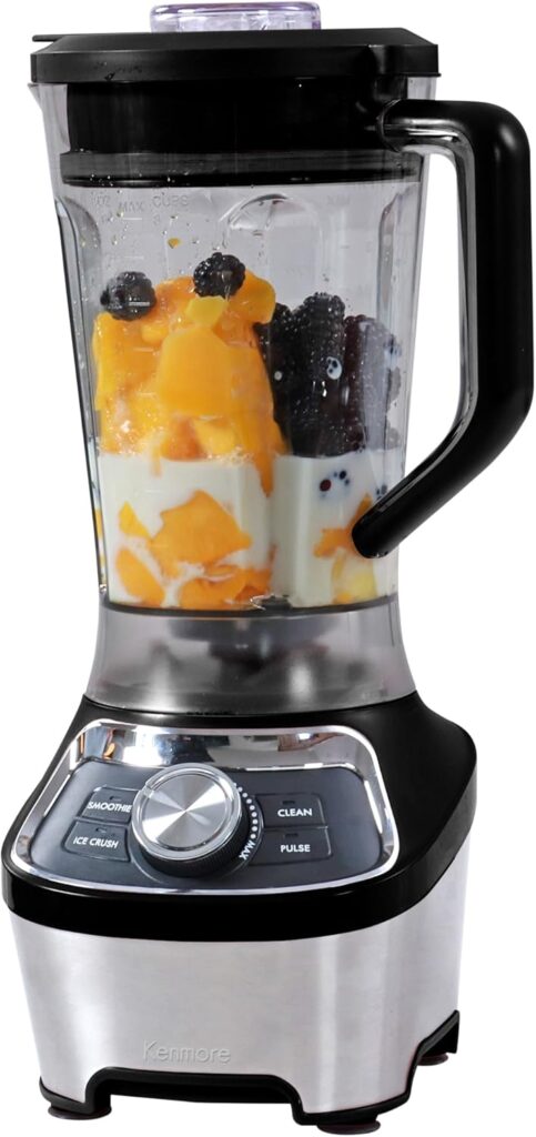 Kenmore Countertop Blender – Electric Mixer, Frozen Smoothie, Shakes, Milkshake, Puree Maker, Licuadora Grinder Kitchen Appliance With Ice Crush & Pulse Function, Dishwasher Safe Plastic jar, Black