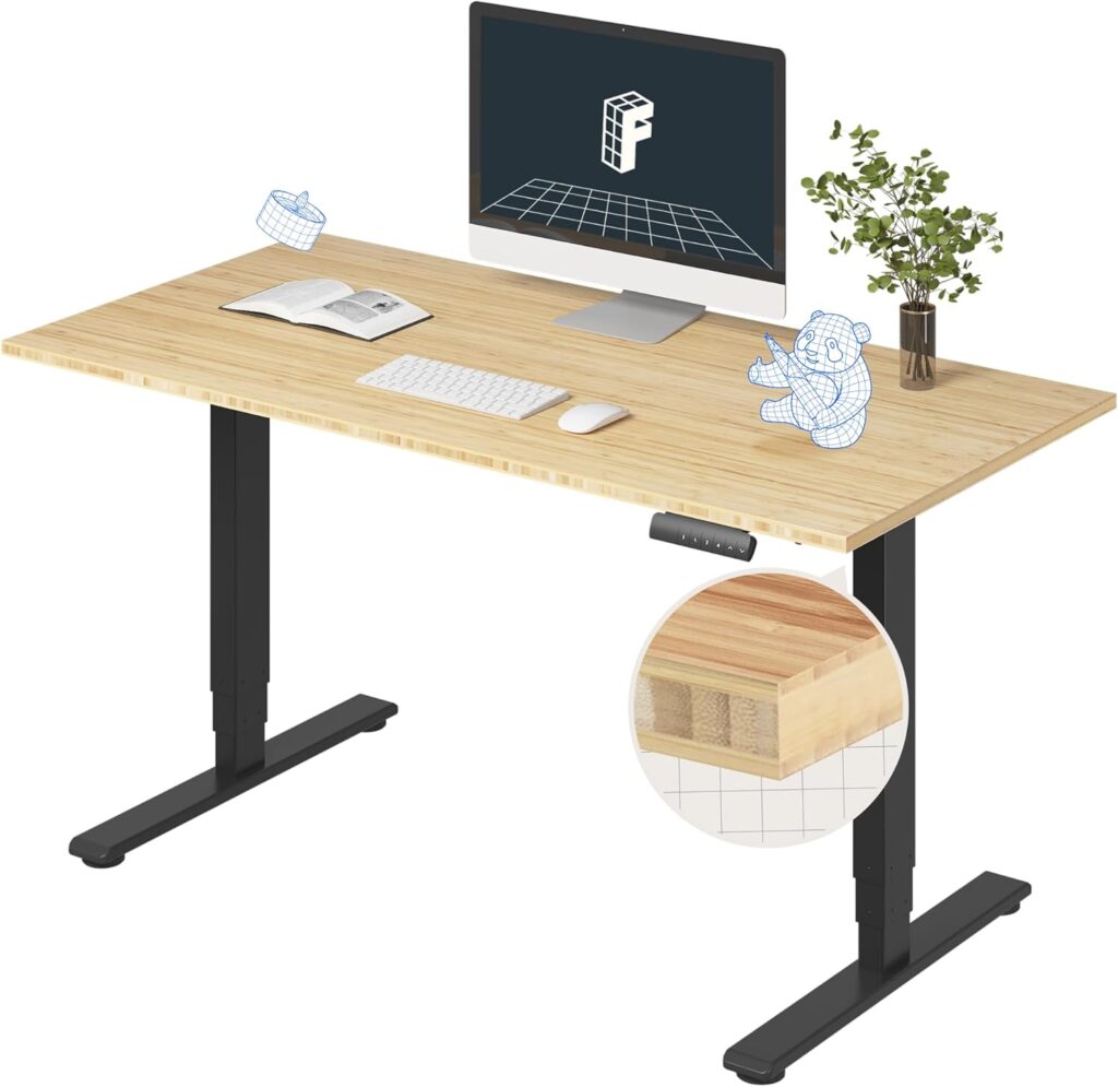 FLEXISPOT E6 Essential Bamboo 3 Stages Dual Motor 55×28 Inch Electric Height Adjustable Standing Whole-Piece Board Desk Sit Stand Up Desk (Black Frame + Bamboo Desktop)