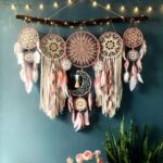 Set of 5 Boho, Hanging Large Boho Dream Catcher Wall Hanging Moon Dream Catcher Set Dream Catchers Wall Decor for Vintage Wedding Home Decorations (Pink)