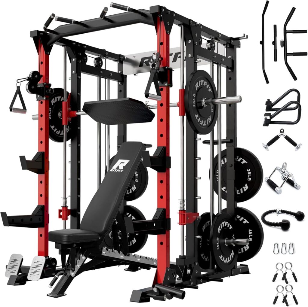 RitFit Buffalo Smith Machine, Power cage with LAT-Pull Down System & Cable Crossover System, All-in-One Squat Rack for Home Gym, Power Rack