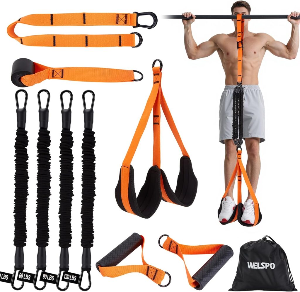 WELSPO Pull Up Assistance Bands, Resistance Bands for Pull Up Bar Workout, Adjustable Heavy Duty Pull Up Assist Equipment with 4 Assistance Bands for Home Gym Strength Training & Full Body Workout