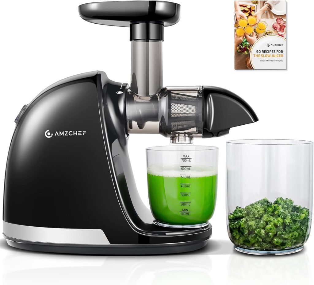 Cold Press Juicer Machines, AMZCHEF Slow Masticating Juicer with Reverse Function, High Juice Yield, Easy Clean with Brush, Recipes for High Nutrient Fruits and Vegetables, Black(Updated)