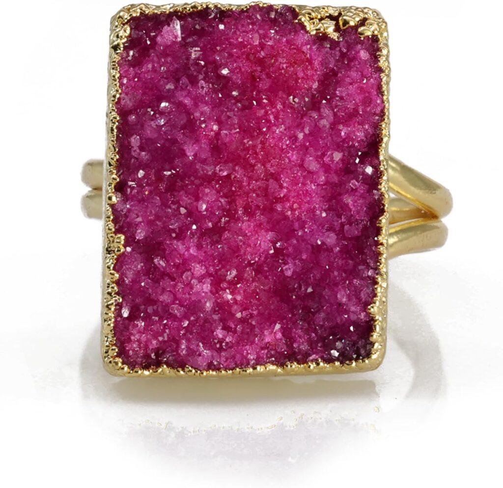Maria Statement Ring Natural Druzy Gemstone (All Gemstones are One of A Kind & Unique) Gold and Silver Plated Handcraft Adjustable Ring Size US 6-8