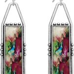 Handmade Bohemian Tribal Retro Colorful Square Bar Dangle Drop Earrings National Style Lightweight Vintage Silver Geometry Hook Earrings for Women