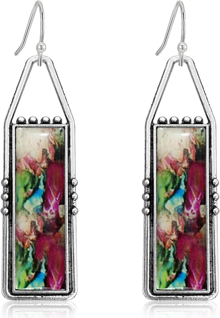 Handmade Bohemian Tribal Retro Colorful Square Bar Dangle Drop Earrings National Style Lightweight Vintage Silver Geometry Hook Earrings for Women