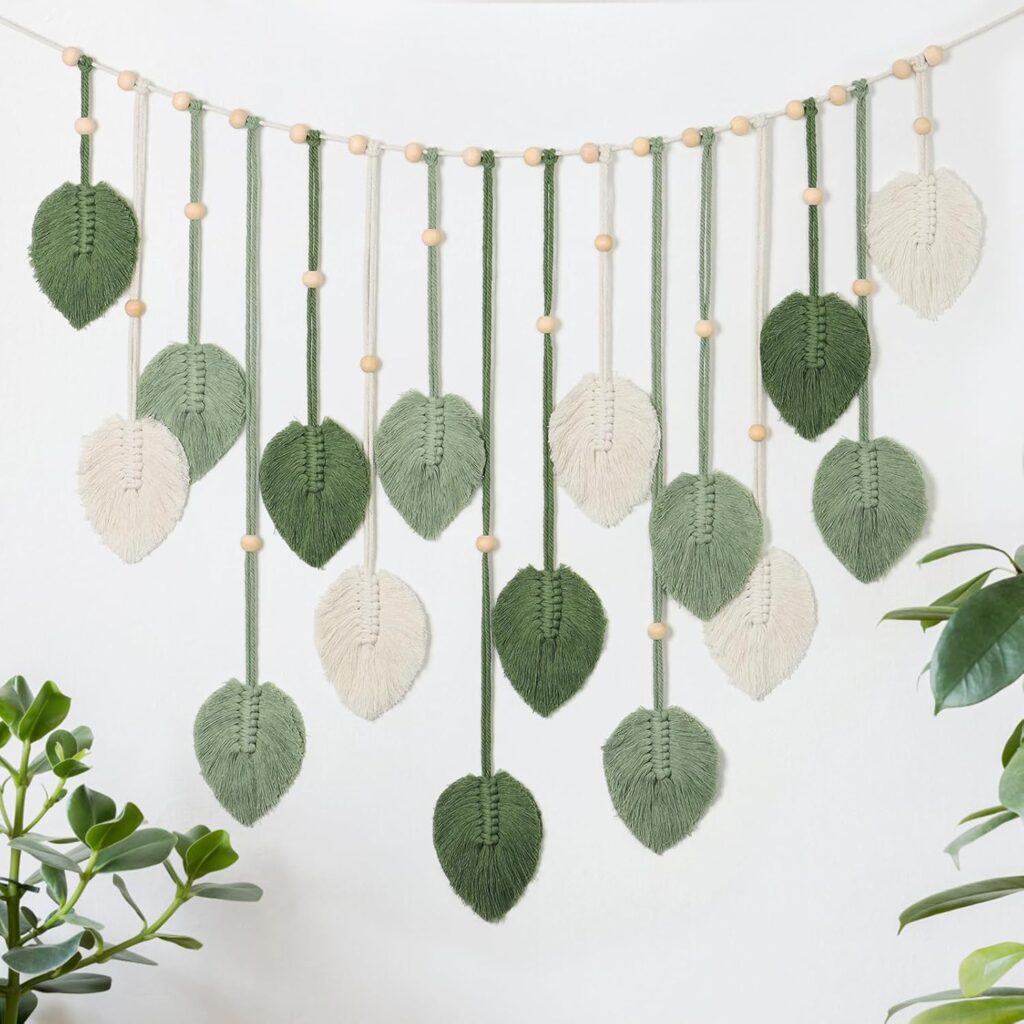 Betylifoy Macrame Wall Hanging Large Macrame Leaves Tapestry Wall Hanging Decoration Boho Handmade Woven Leaf Feather Wall Art Decor for Nursery Bedroom Living Room Office Christmas Thanksgiving Decor, 29 X 51 Inch (Green)
