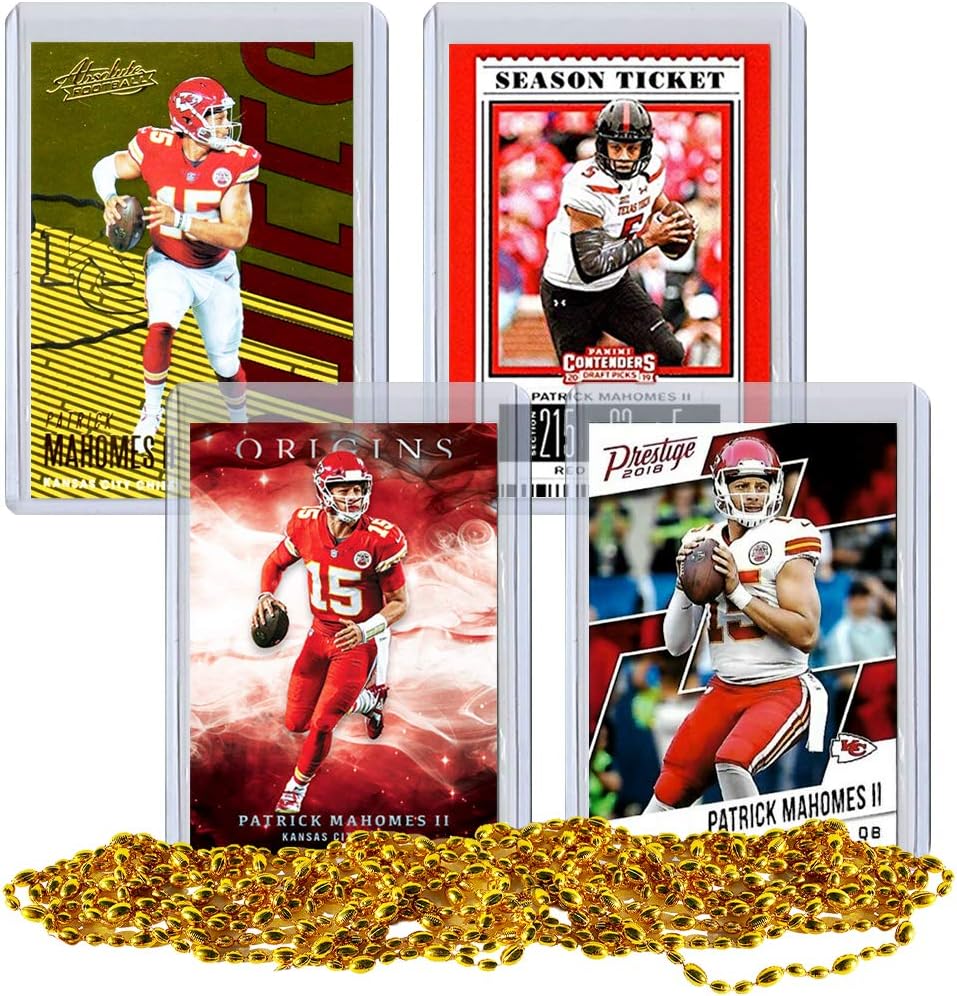 Patrick Mahomes Football Card Bundle, Set of 4 Assorted Kansas City Chiefs and Texas Tech Red Raiders Mint Football Cards Gift Set of MVP Quarterback Patrick Mahomes, Protected by Sleeve and Toploader