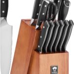14-Piece Kitchen Knife Set with Oak Wood Block – 3Cr13 Stainless Steel Knife Block Set with Chef Knife, Santoku, Bread, Utility, Paring & 6 Steak Knives, Kitchen Shears & Sharpening Rod