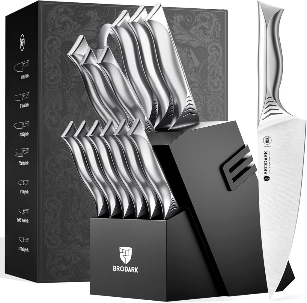 BRODARK Kitchen Knife Set with Block – 15-Piece Knife Block Set with Built-in Sharpener – High Carbon Stainless Steel Kitchen Knives Set for Kitchen – Shark Series