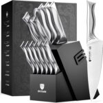 BRODARK Kitchen Knife Set with Block – 15-Piece Knife Block Set with Built-in Sharpener – High Carbon Stainless Steel Kitchen Knives Set for Kitchen – Shark Series