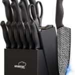 Knife Set, Amorston 15 Pieces Kitchen Knife Set with Built in Knife Sharpener, High Carbon German Stainless Steel Knife Block Set, Dishwasher Safe Knives Set, Black